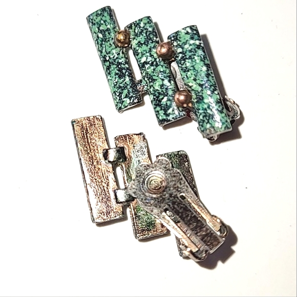 GREEN ENAMEL COPPER PLATED NECKLACE & EARRINGS - VINTAGE SET - Picture 6 of 11